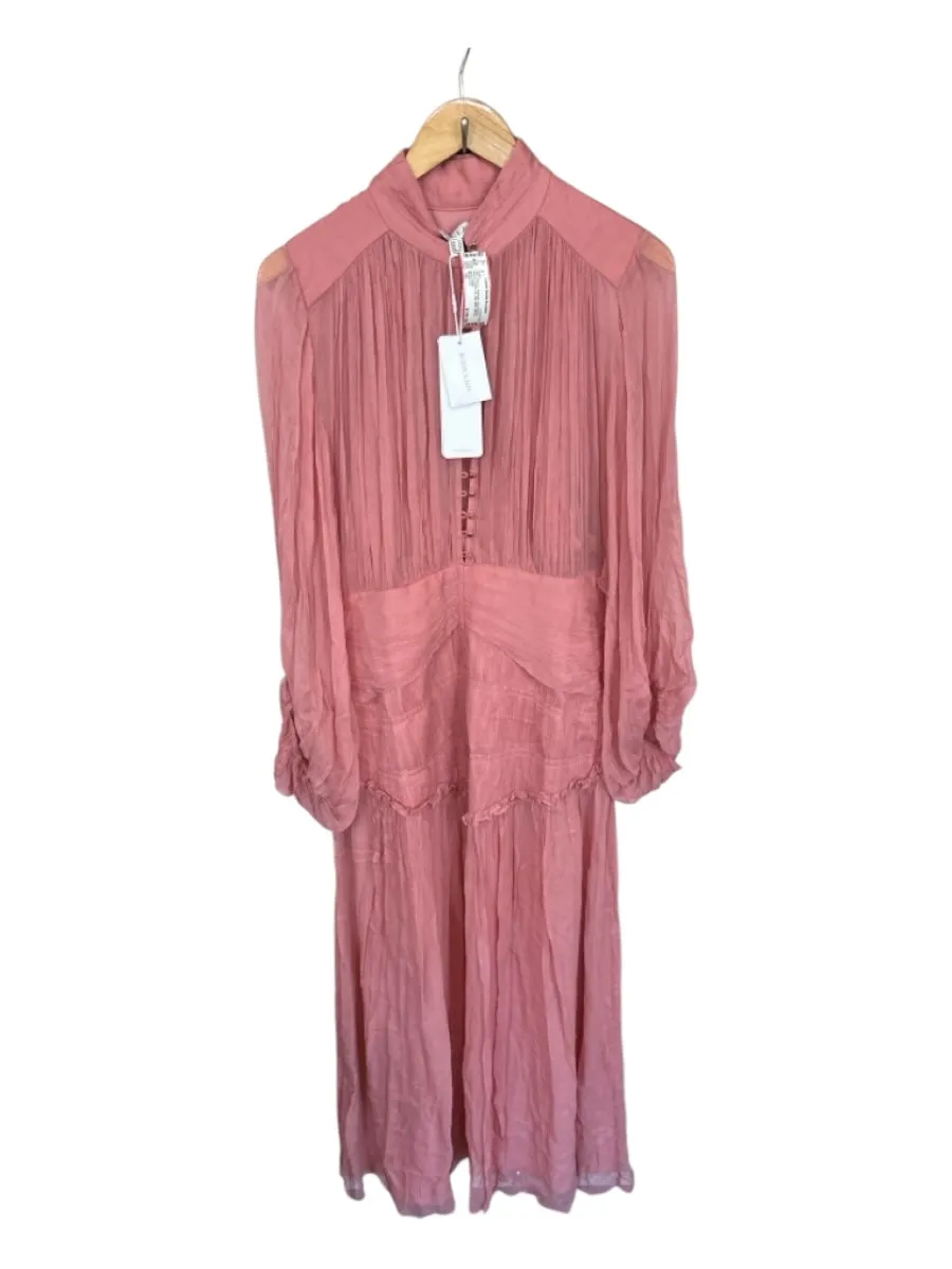 Shona Joy Size 10 Mauve Viscose Long Balloon Sleeve Button Up Slip Midi Dress