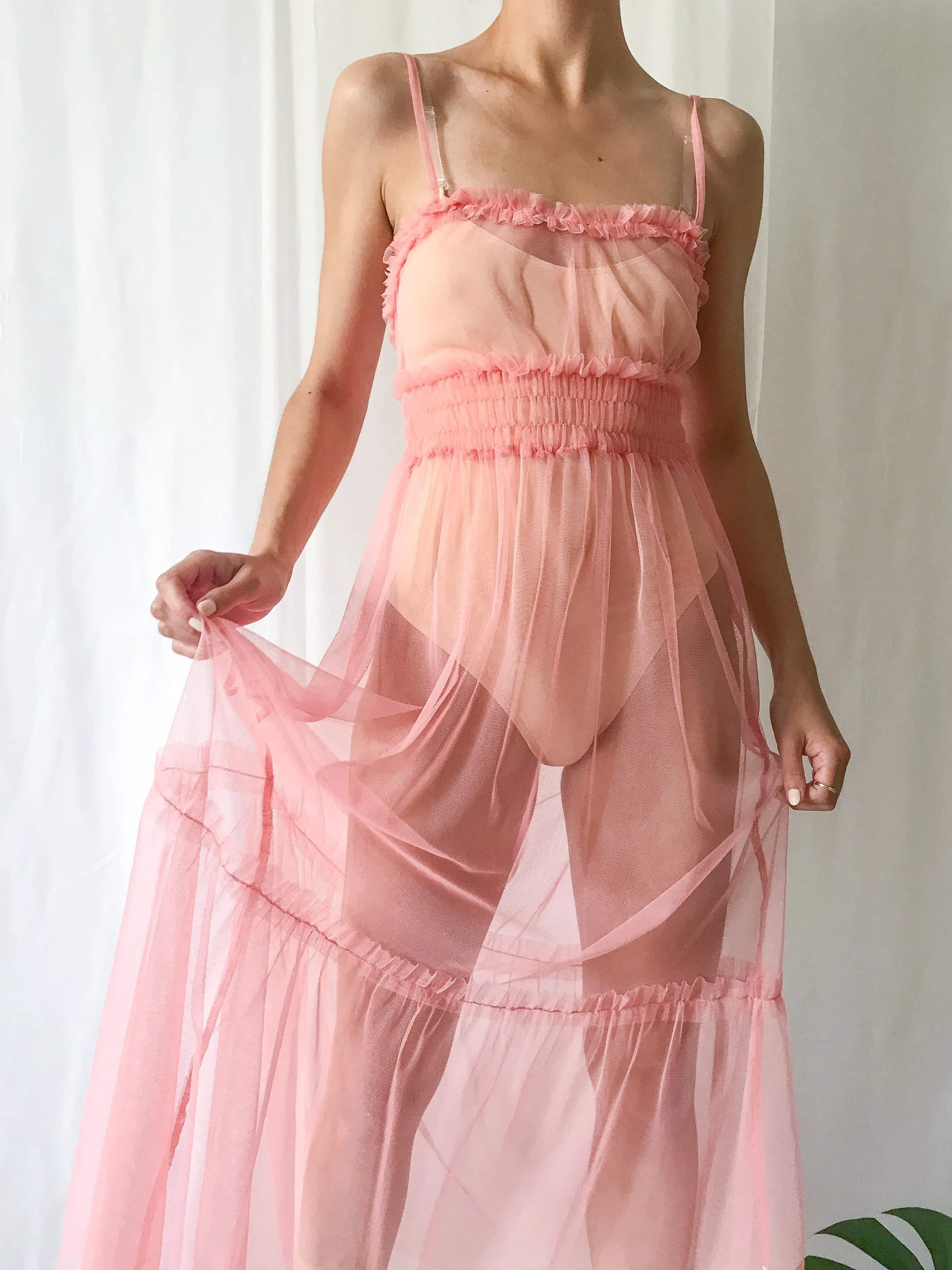 Vintage Sheer Net Pink Ruffled Slip
