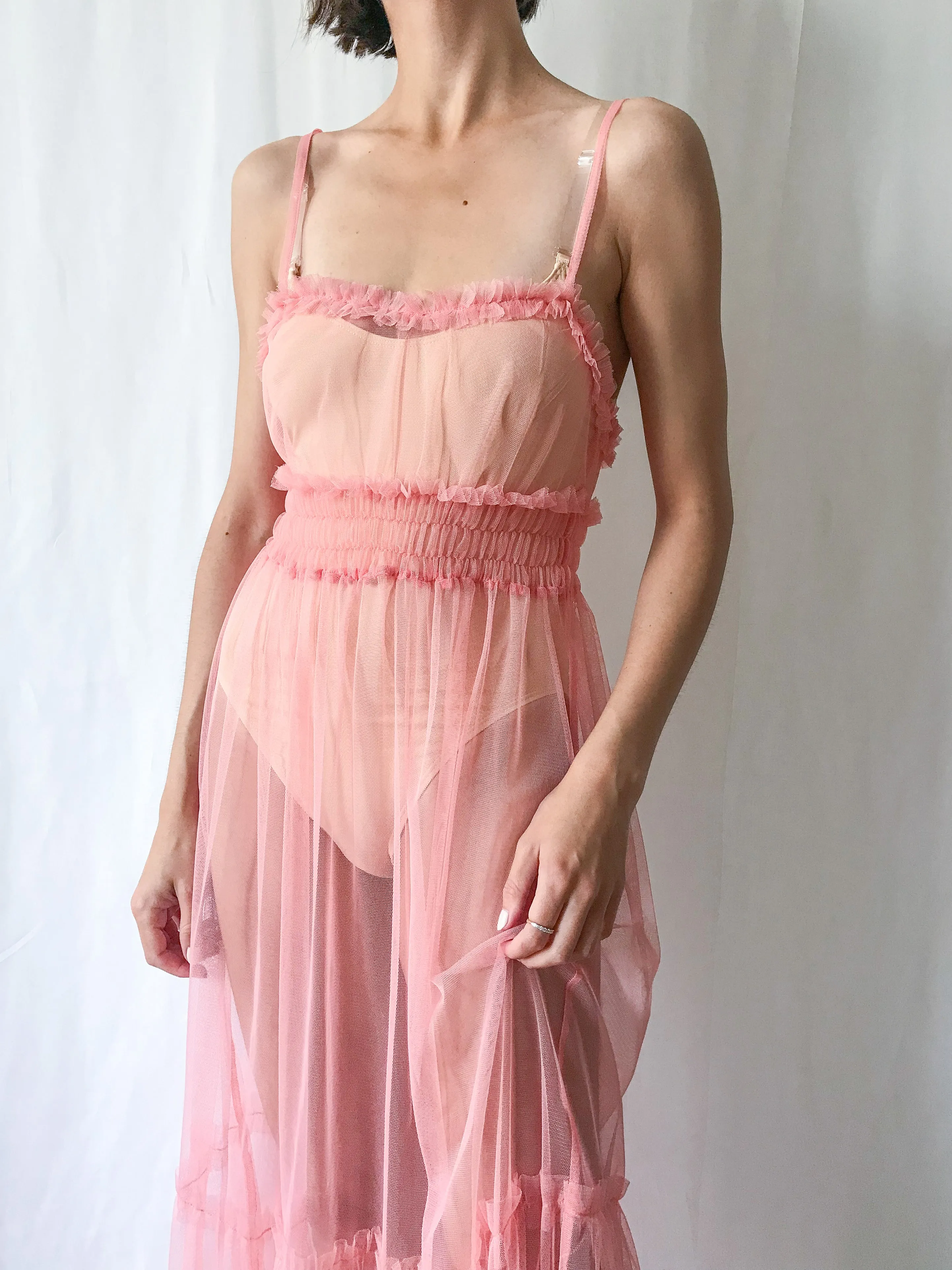 Vintage Sheer Net Pink Ruffled Slip