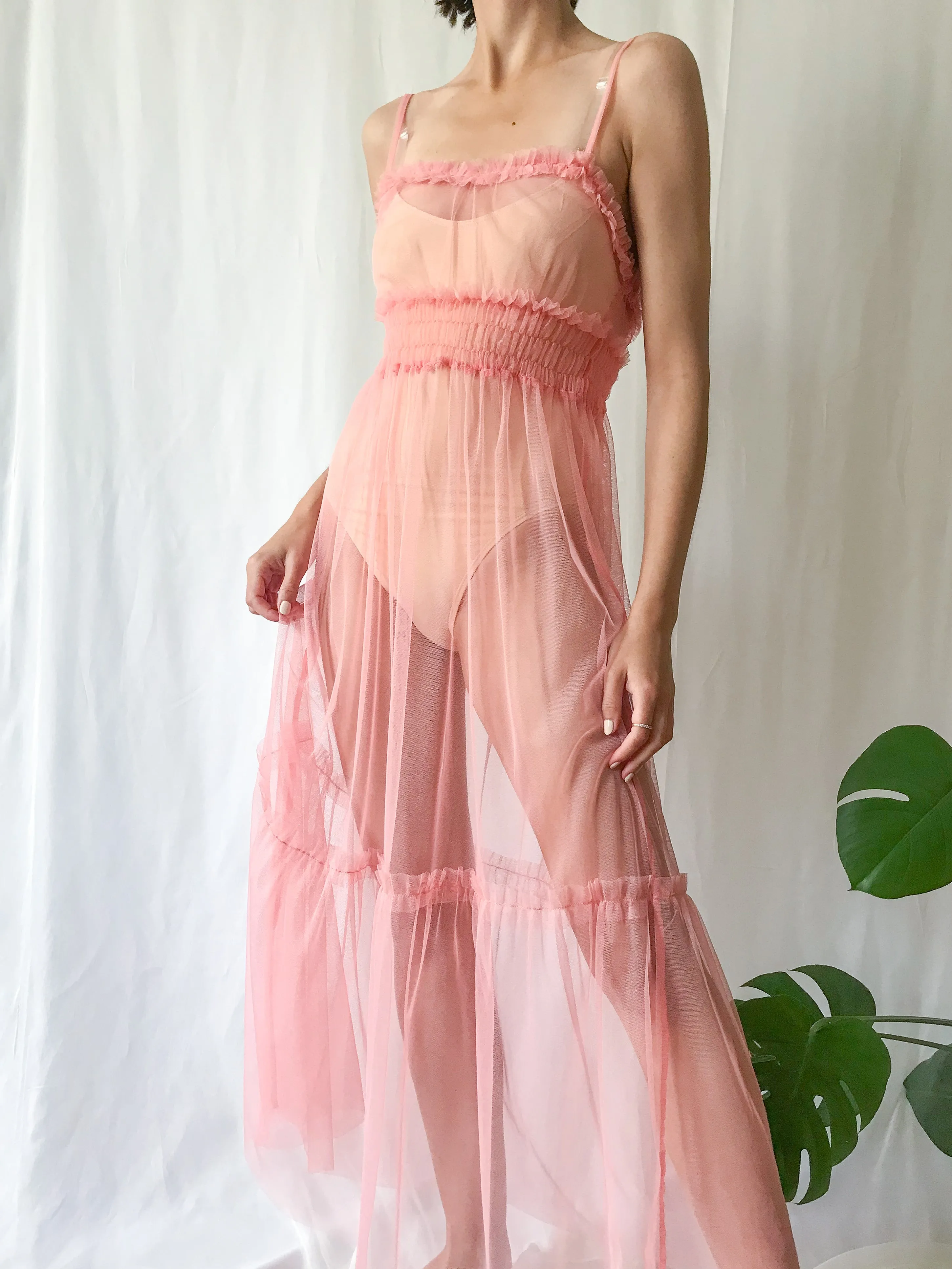 Vintage Sheer Net Pink Ruffled Slip