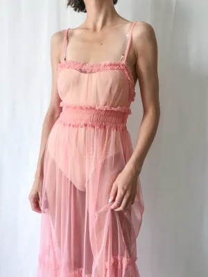 Vintage Sheer Net Pink Ruffled Slip