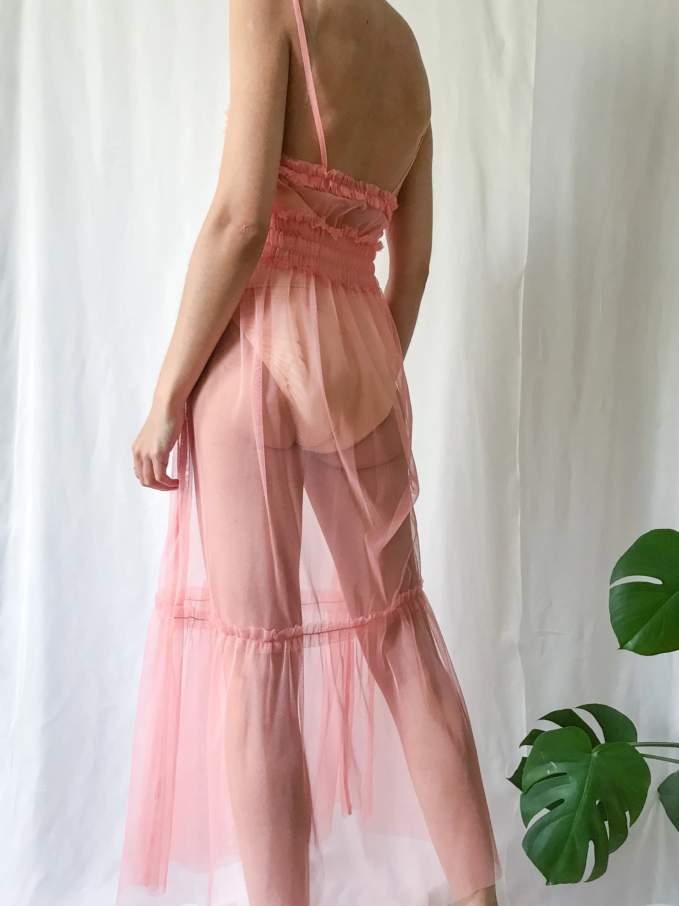 Vintage Sheer Net Pink Ruffled Slip