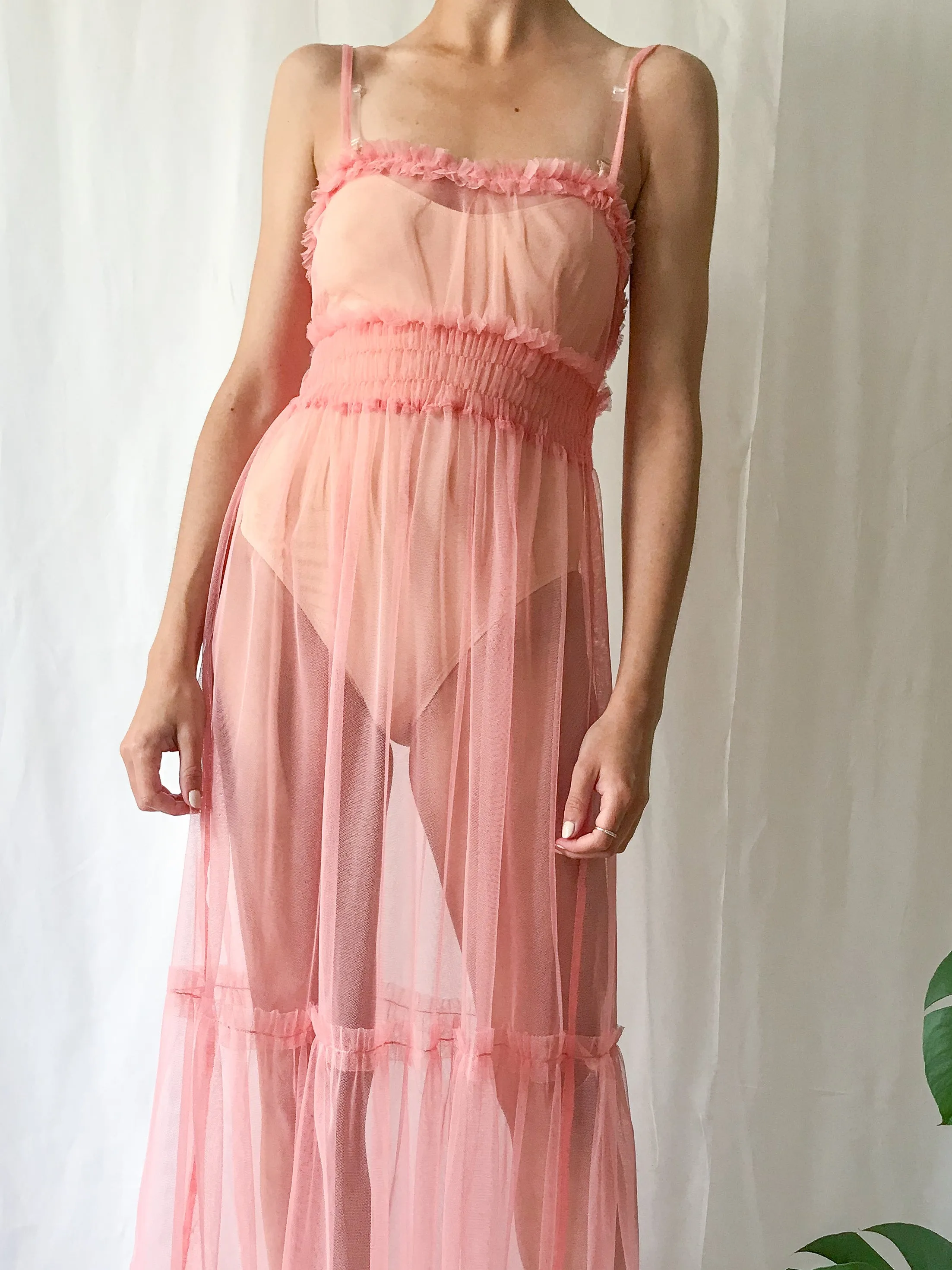 Vintage Sheer Net Pink Ruffled Slip