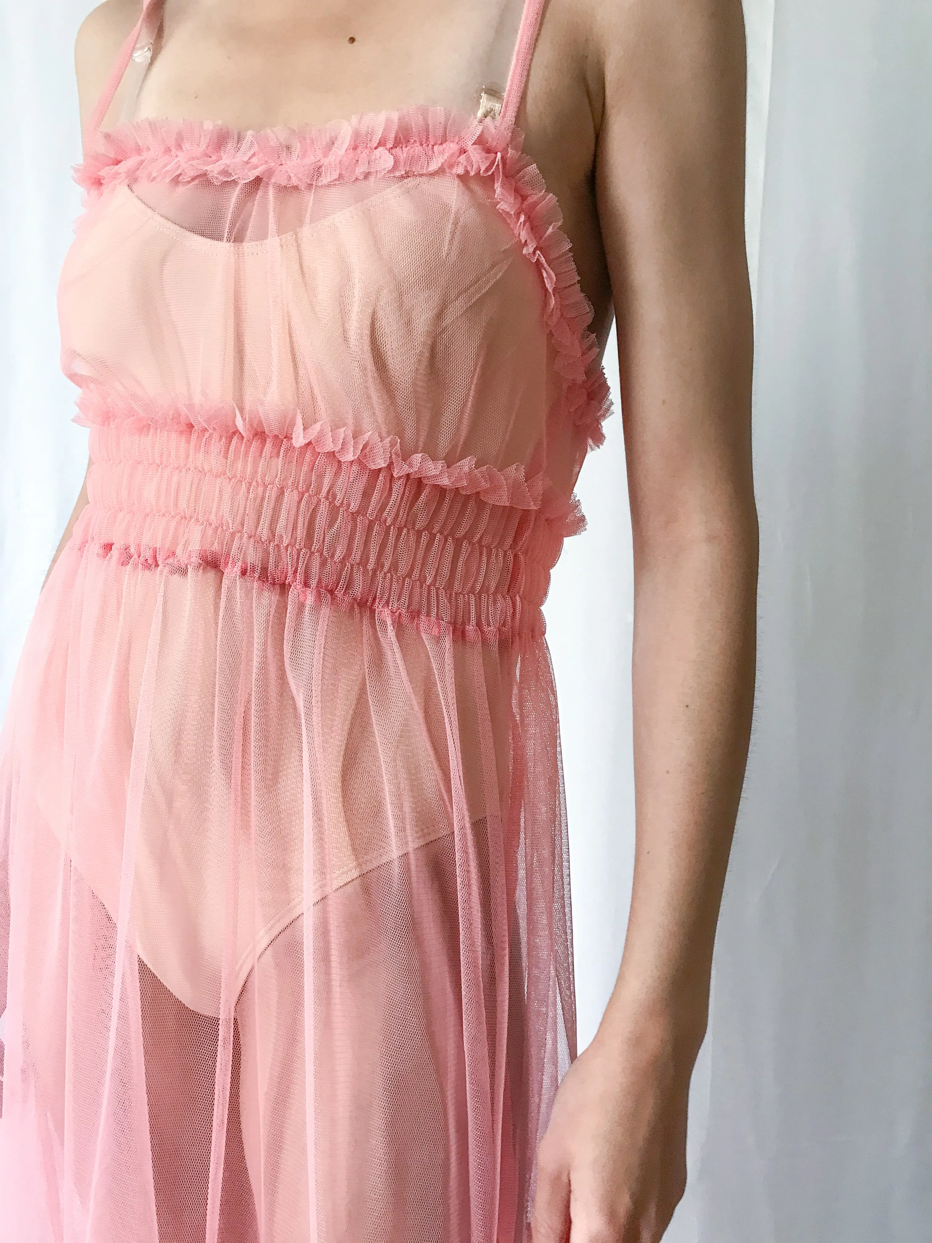 Vintage Sheer Net Pink Ruffled Slip